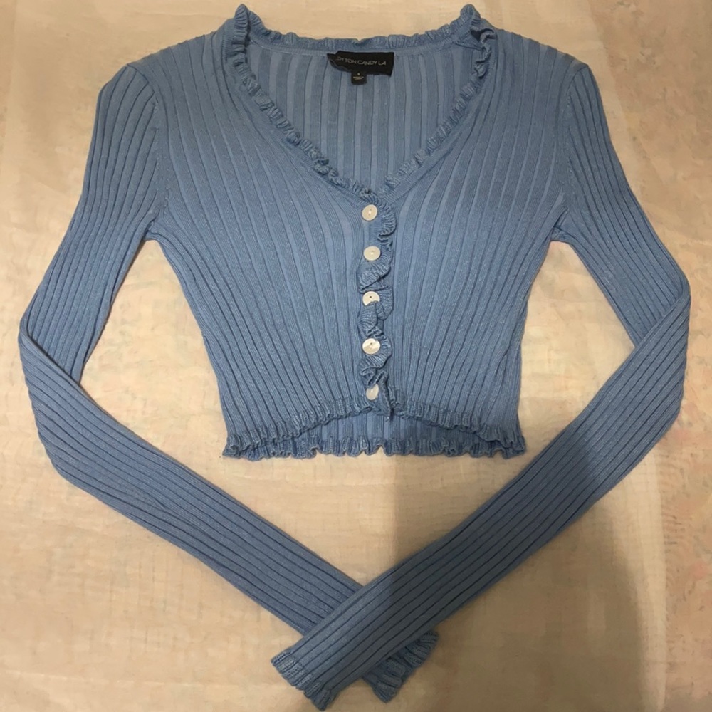 ribbed ruffle/lettuce edge button up long sleeve top/cardigan/sweater